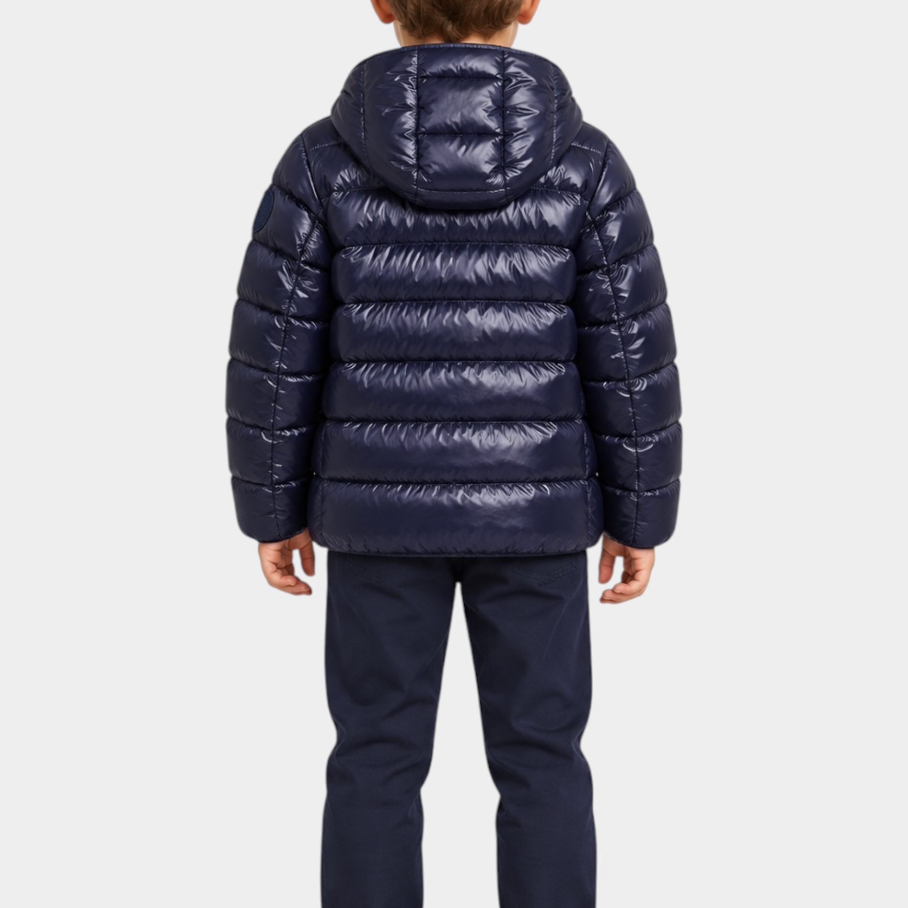 Bambino indossa giubbino Follower SRL Blauer blu in nylon trapuntato con cappuccio, vista posteriore