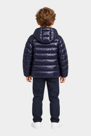 Bambino indossa giubbino Follower SRL Blauer blu in nylon trapuntato con cappuccio, vista posteriore