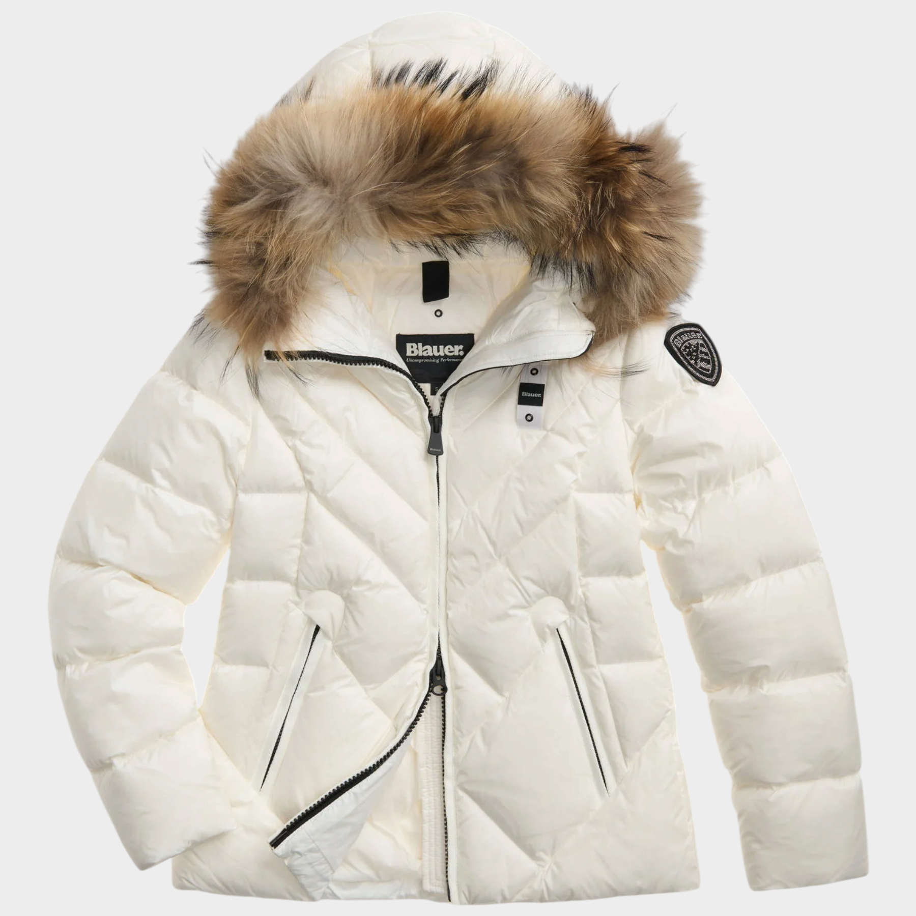 Giubbino Follower SRL Blauer Alicia bianco da donna con trapuntatura geometrica, cappuccio e bordo in pelliccia