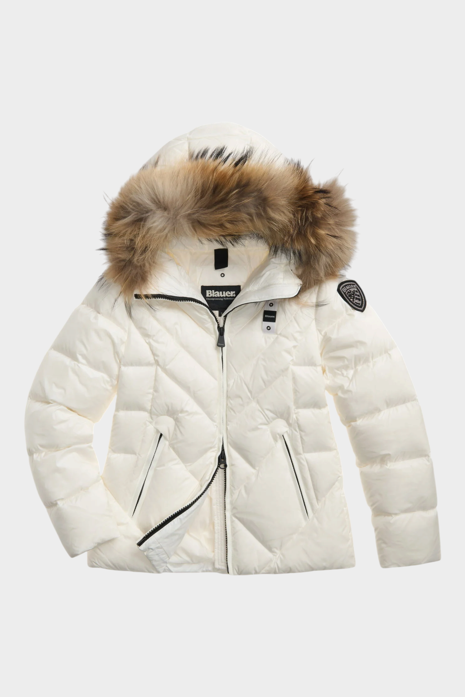 Giubbino Follower SRL Blauer Alicia bianco da donna con trapuntatura geometrica, cappuccio e bordo in pelliccia