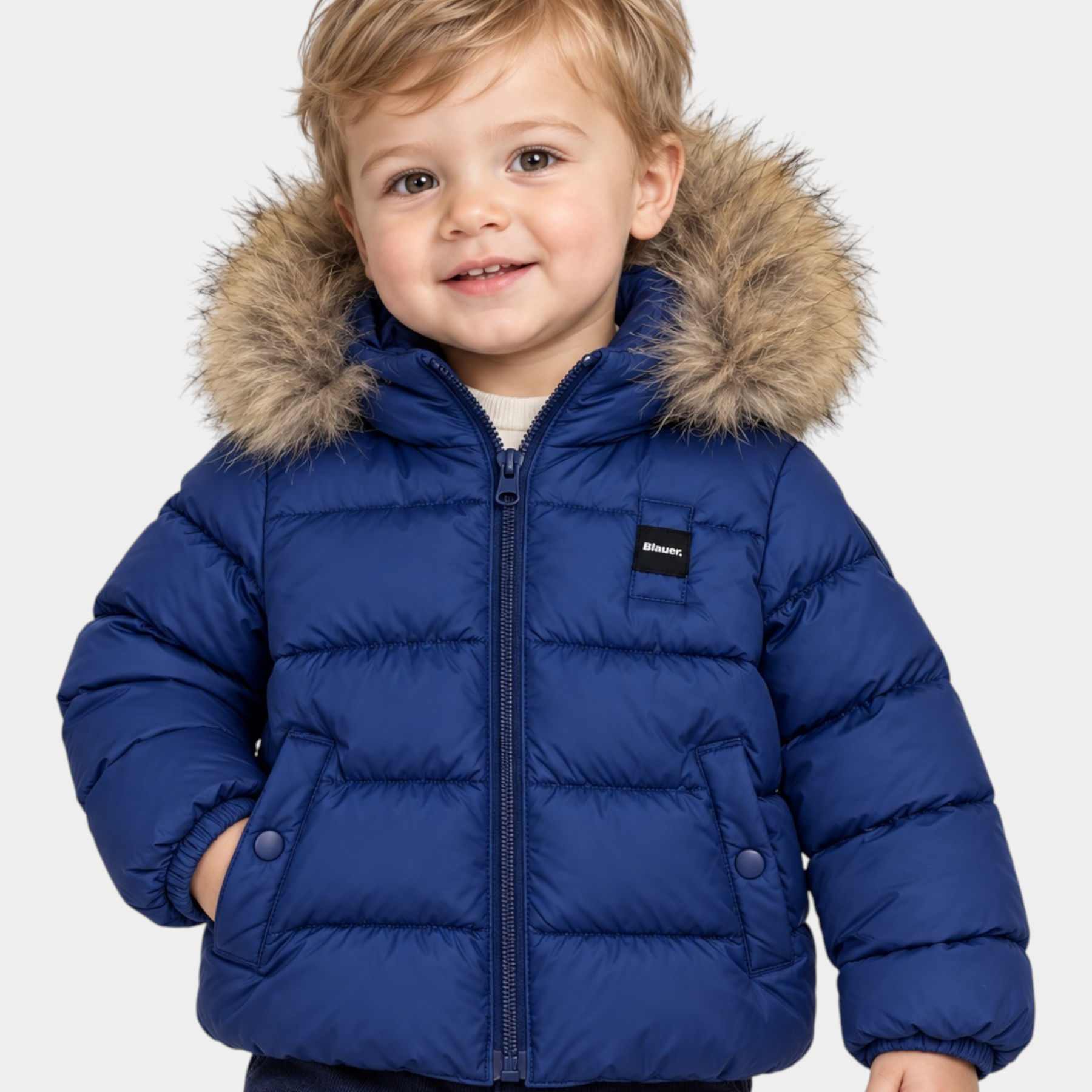 Bambino che indossa un giubbino trapuntato blu Blauer con cappuccio bordato in pelliccia sintetica, Follower SRL