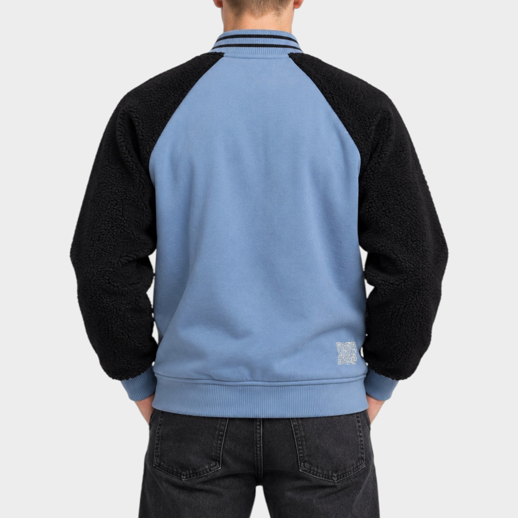 Vista posteriore del giubbino bomber Follower SRL azzurro con maniche in tessuto teddy nero e colletto a righe
