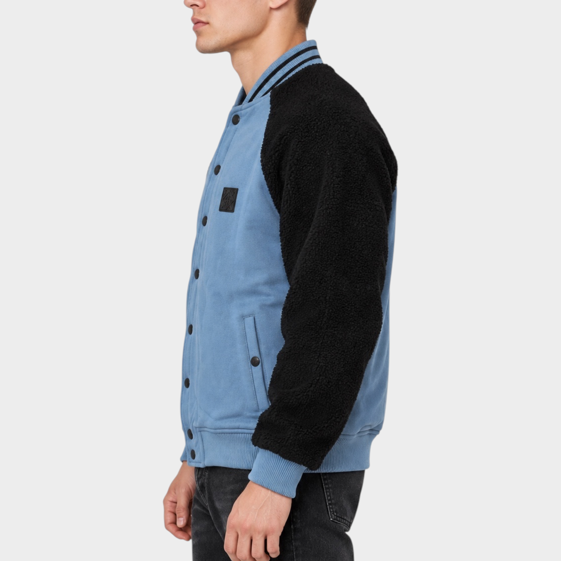 Giubbino bomber Follower SRL azzurro con maniche nere in tessuto teddy, vestibilità regolare, vista laterale