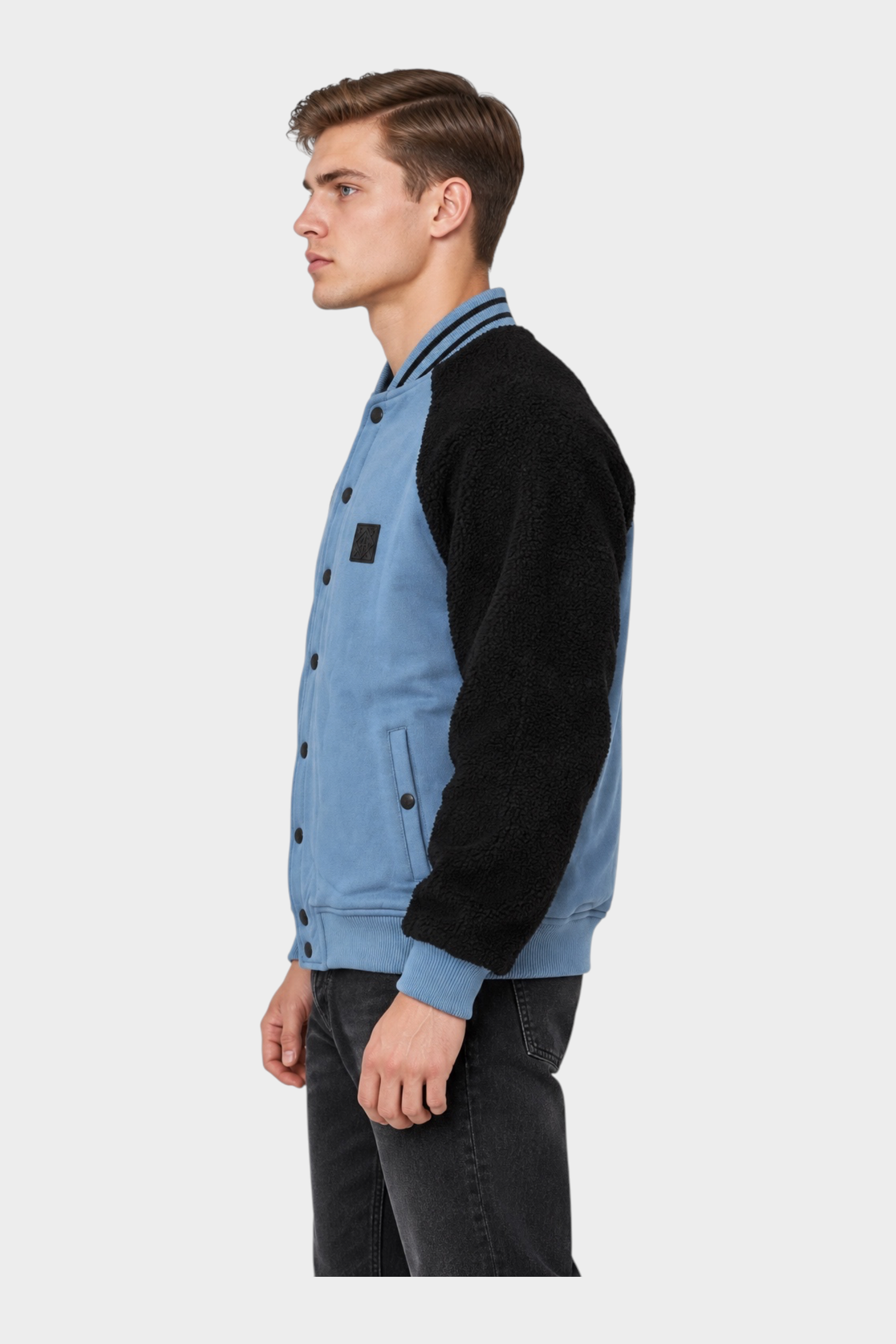 Giubbino bomber Follower SRL azzurro con maniche nere in tessuto teddy, vestibilità regolare, vista laterale