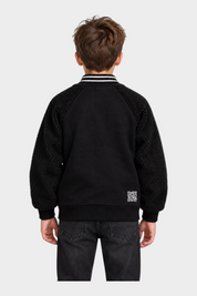Giubbino bomber nero Follower SRL per bambino con maniche in tessuto teddy e dettagli a righe sul colletto