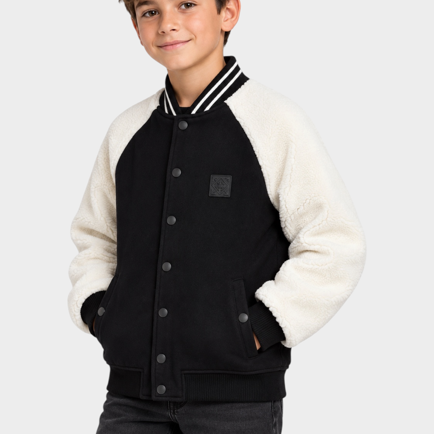 Giubbino bomber Follower SRL nero e bianco per bambino con maniche in tessuto teddy e chiusura a bottoni