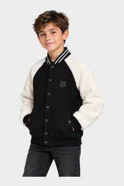 Giubbino bomber Follower SRL nero e bianco per bambino con maniche in tessuto teddy e chiusura a bottoni