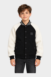 Giubbino bomber Follower SRL nero e bianco per bambino con maniche in tessuto teddy e chiusura a bottoni