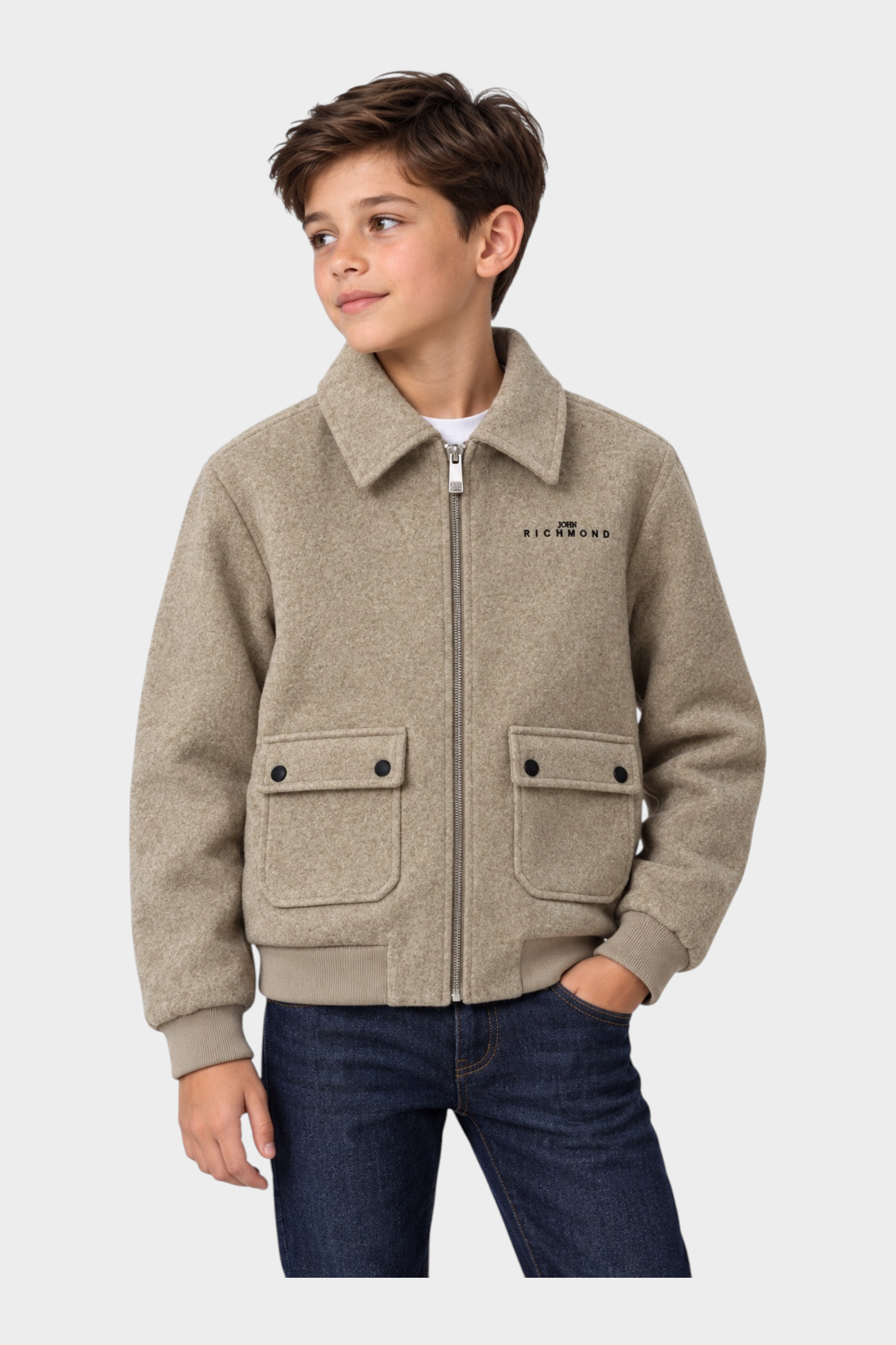 Giubbino bomber Follower SRL Sultan per bambino in lana beige con chiusura a zip e tasche frontali