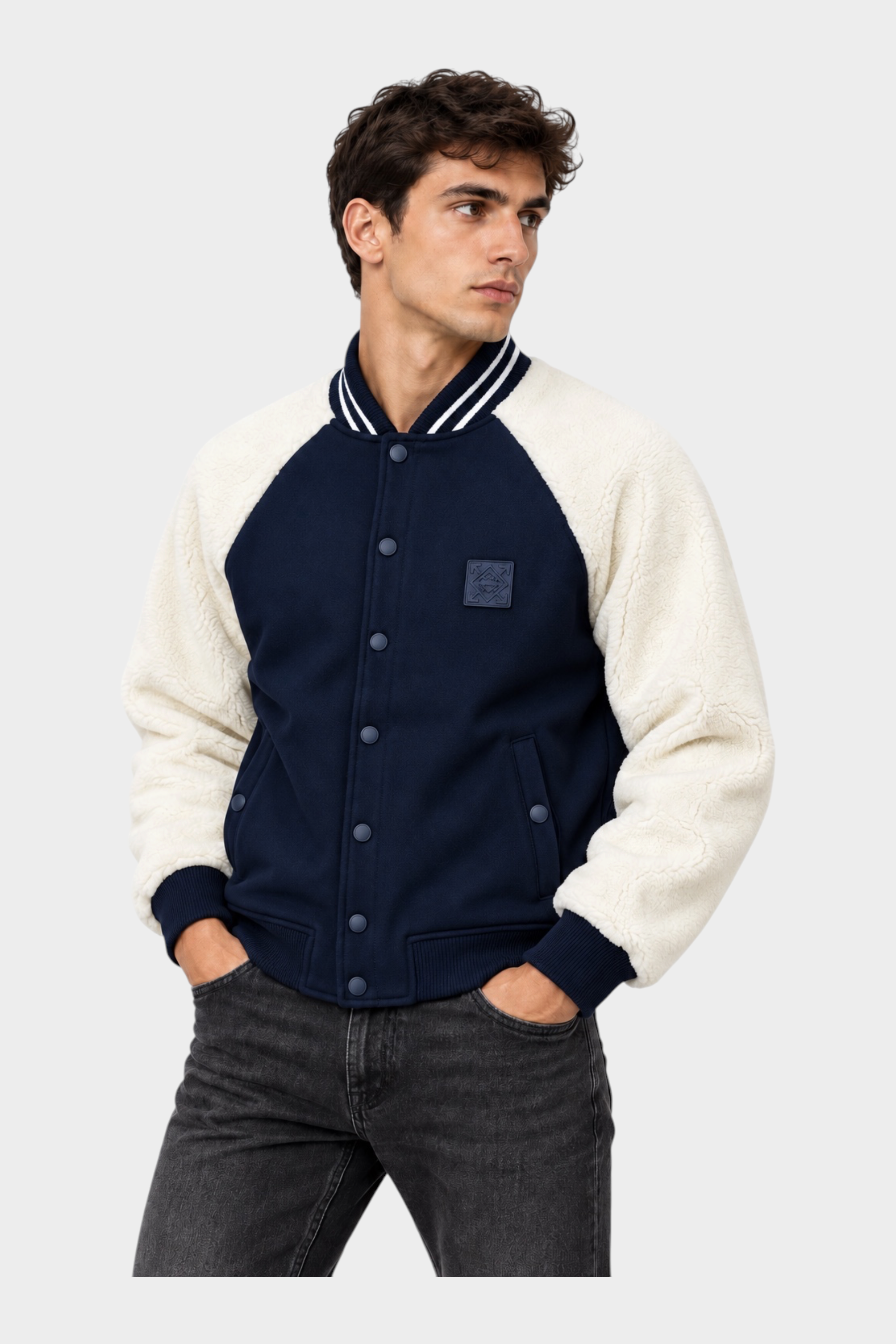 Giubbino bomber Follower SRL blu con maniche in sherpa color crema e chiusura a bottoni automatici
