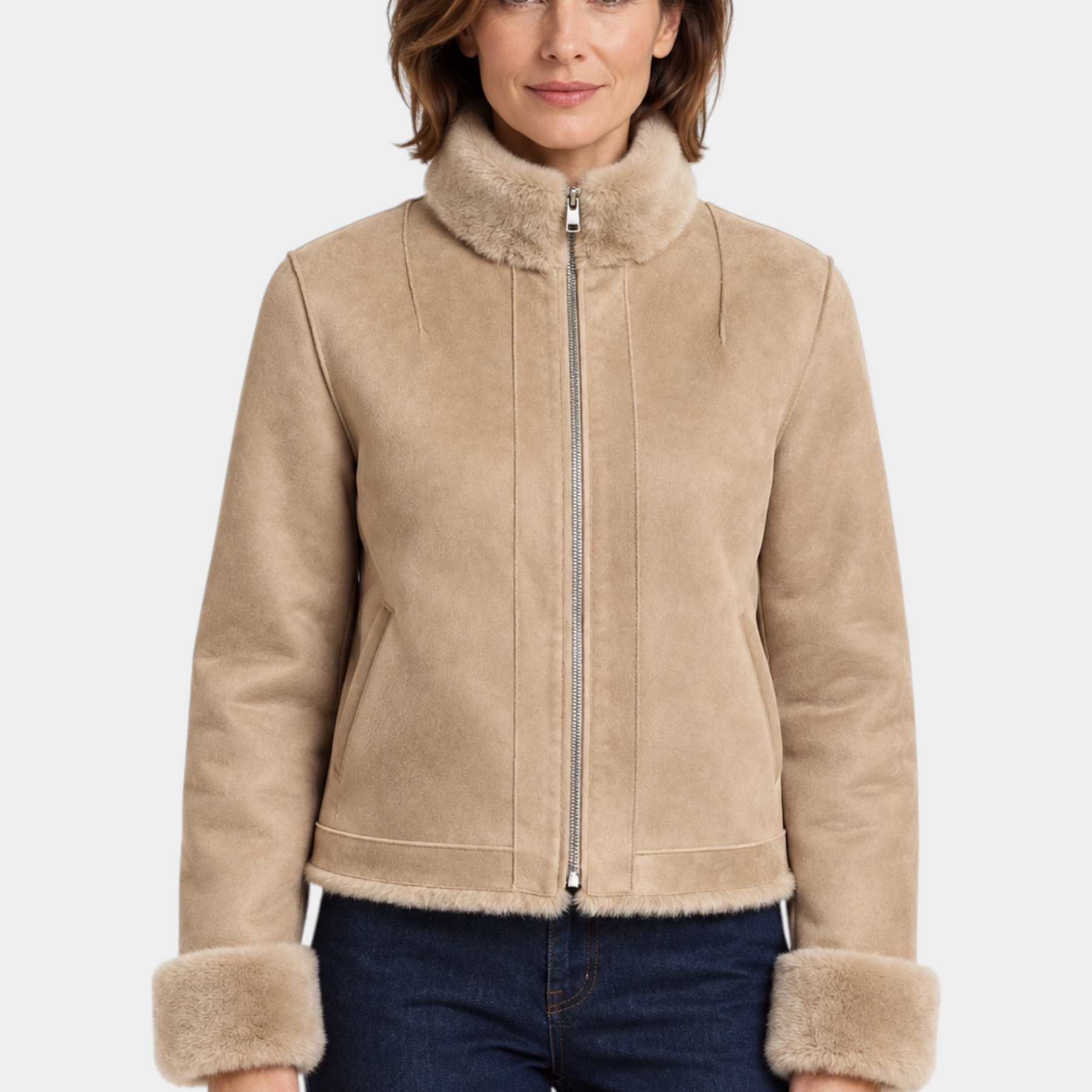 Giubbino bomber Follower SRL color cammello con zip frontale, collo e polsini in morbida pelliccia sintetica
