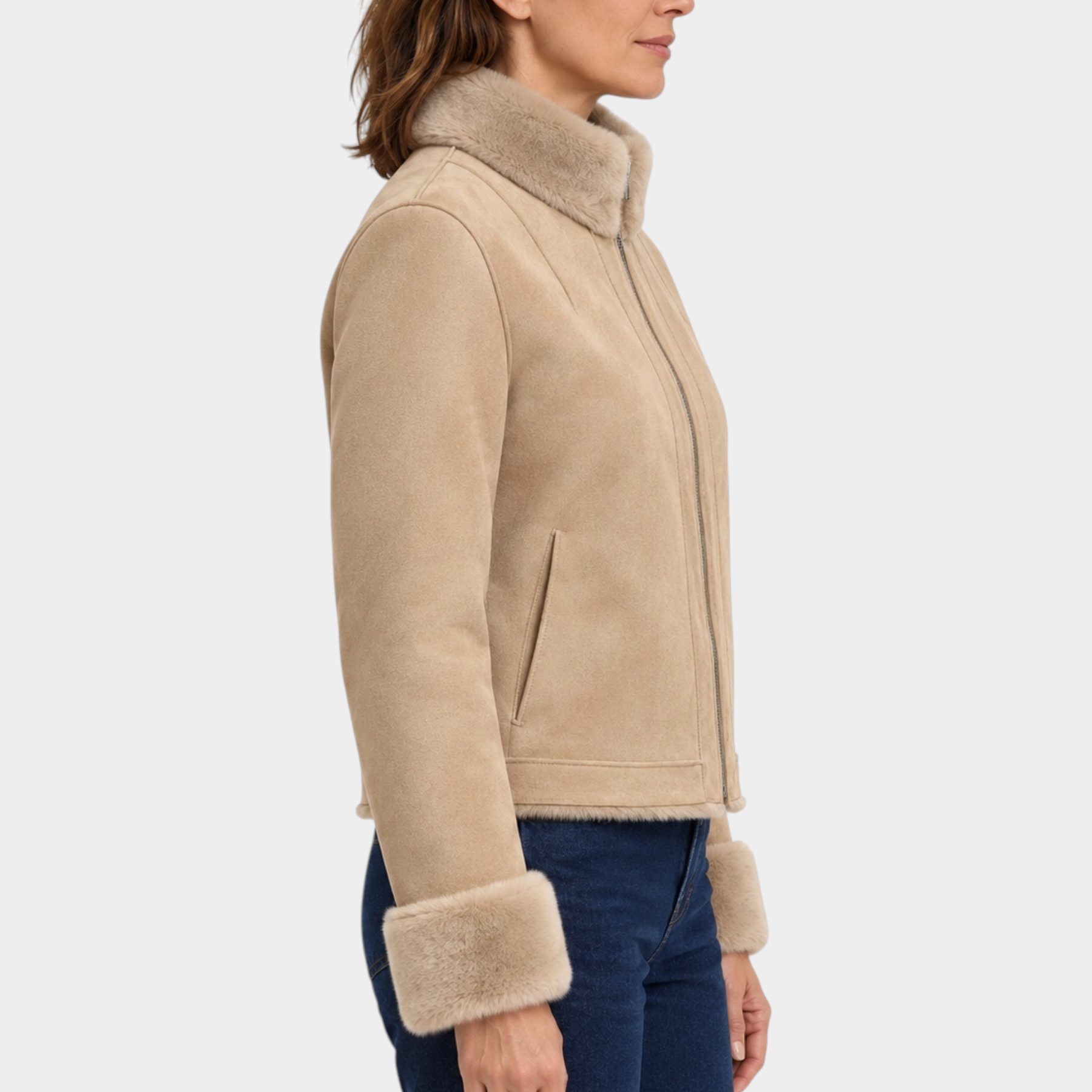 Giubbino bomber Follower SRL color cammello con zip, colletto e polsini in pelliccia sintetica, vista laterale