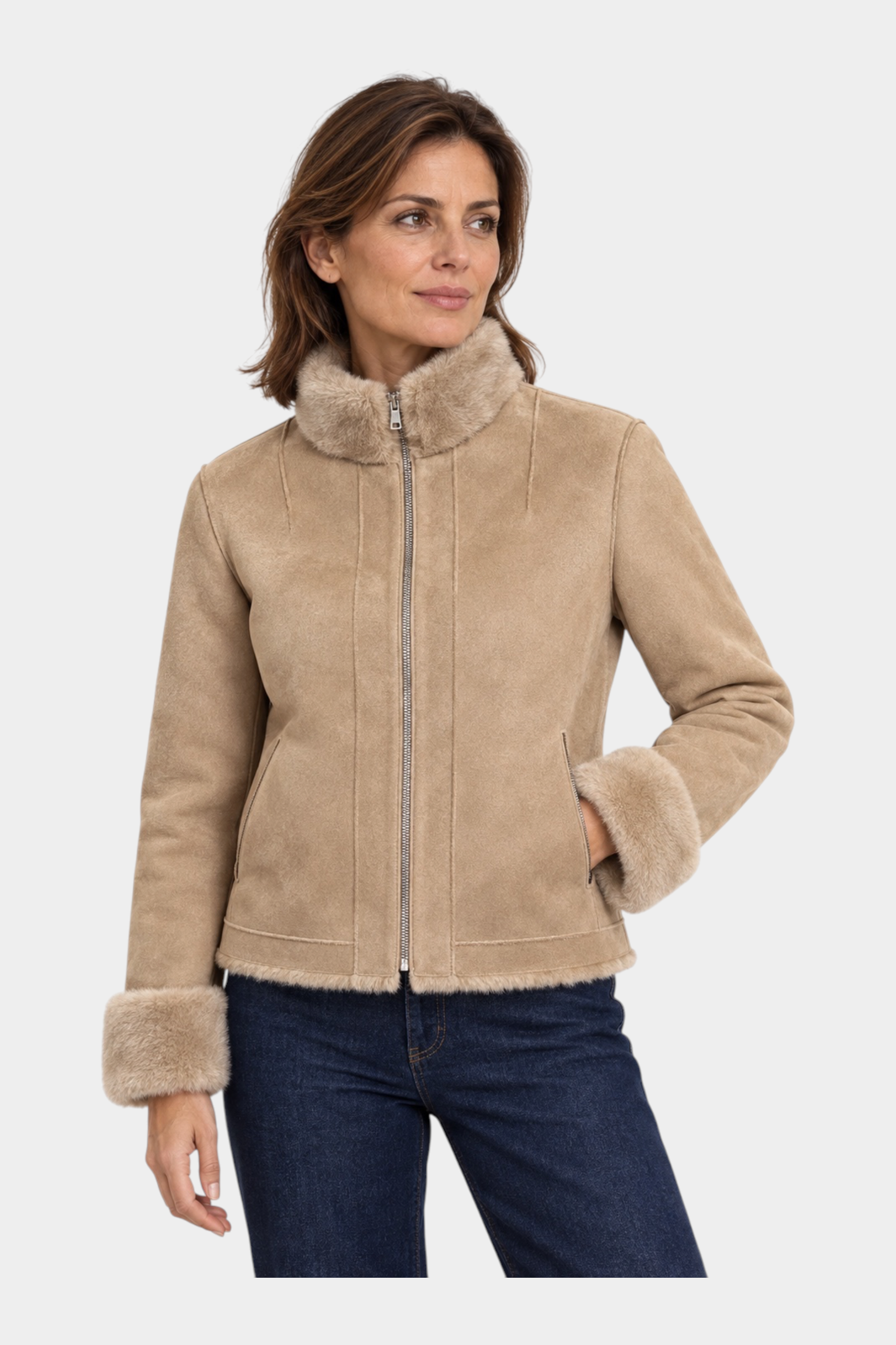 Giubbino bomber Follower SRL color cammello con zip integrale, collo e polsini in ecopelliccia per donna