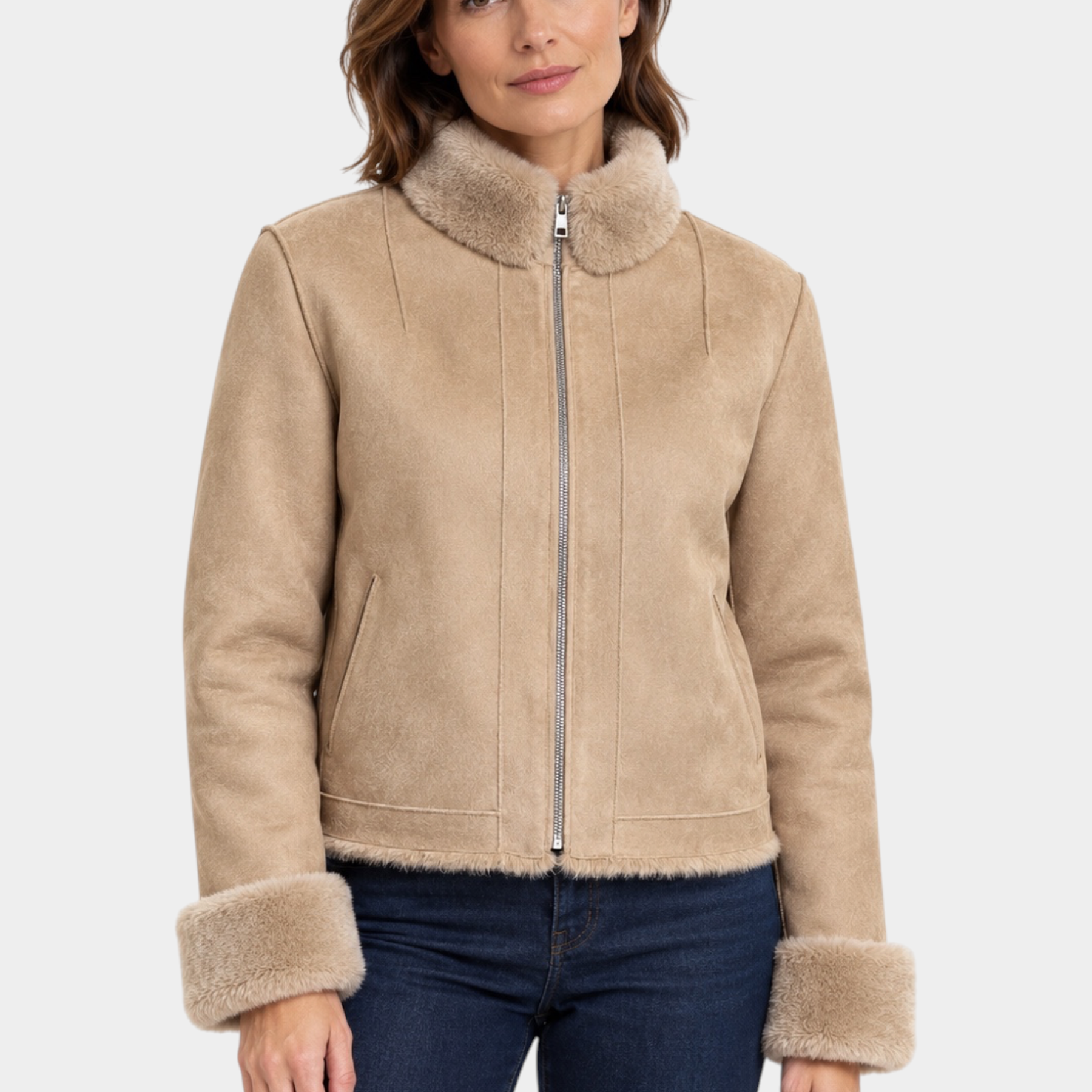 Giubbino bomber Follower SRL color cammello con zip frontale, collo e polsini in morbida pelliccia sintetica