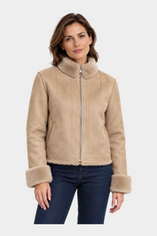 Giubbino bomber Follower SRL color cammello con zip frontale, collo e polsini in morbida pelliccia sintetica