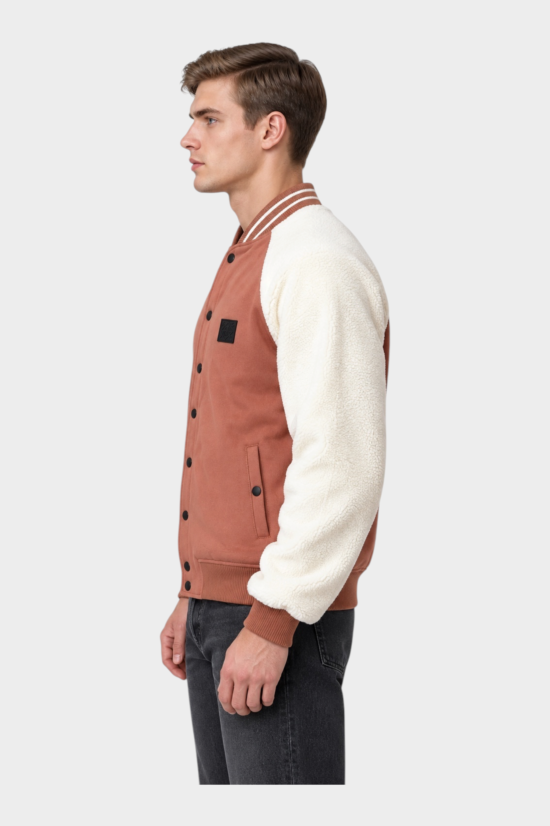 Giubbino bomber Follower SRL marrone con maniche in sherpa bianco e chiusura a bottoni, vista laterale