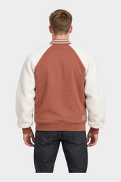 Vista posteriore del giubbino bomber Follower SRL marrone con maniche in sherpa bianco e colletto a righe