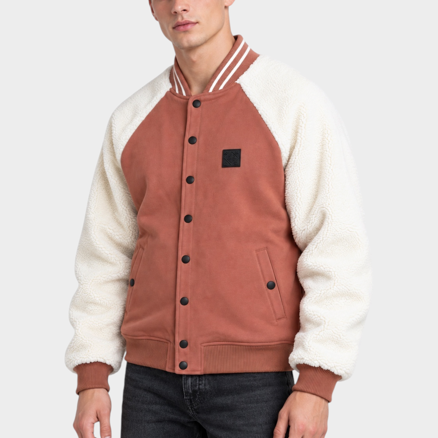 Giubbino bomber Follower SRL marrone e panna con maniche in tessuto teddy e chiusura a bottoni