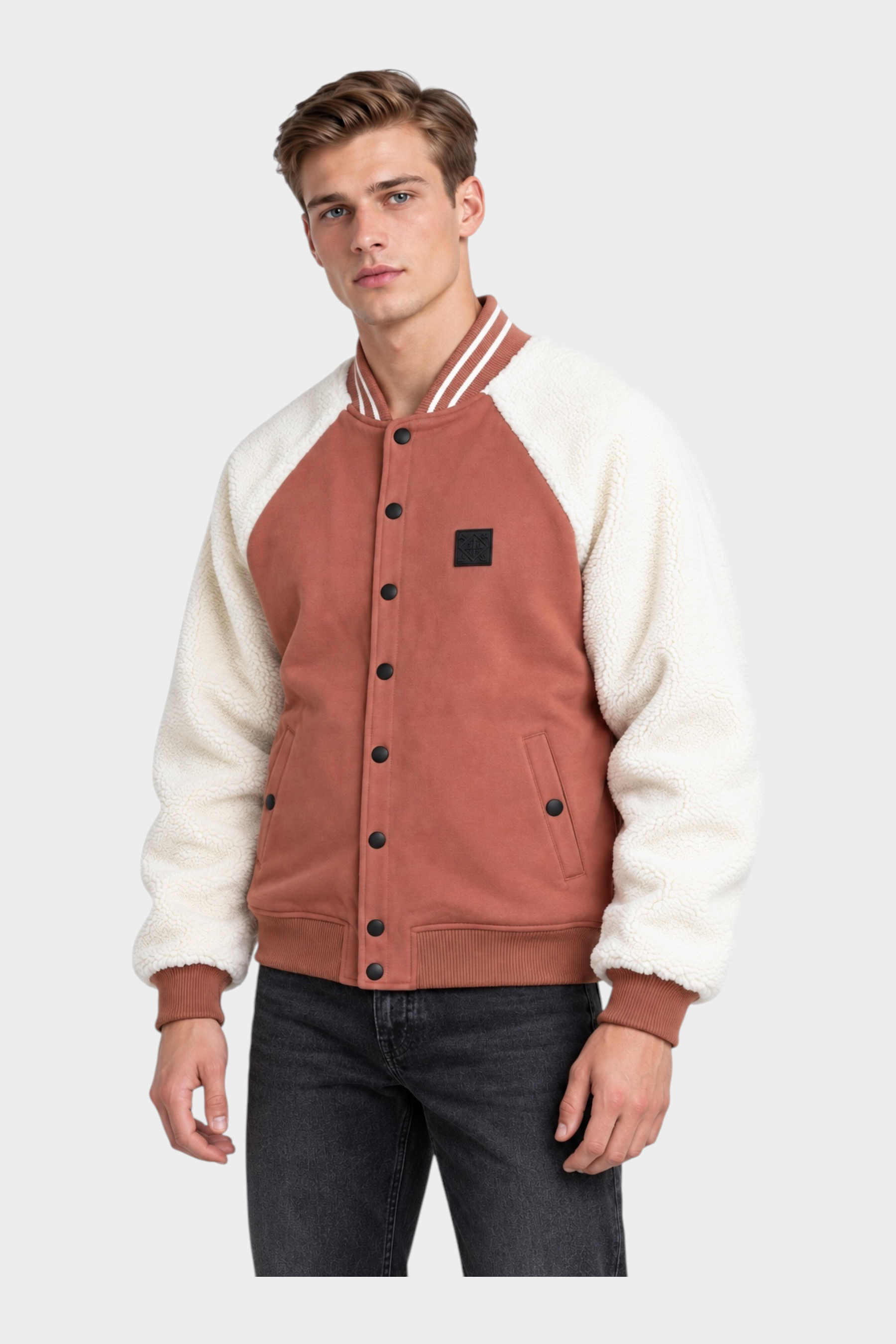 Giubbino bomber Follower SRL marrone e panna con maniche in tessuto teddy e chiusura a bottoni