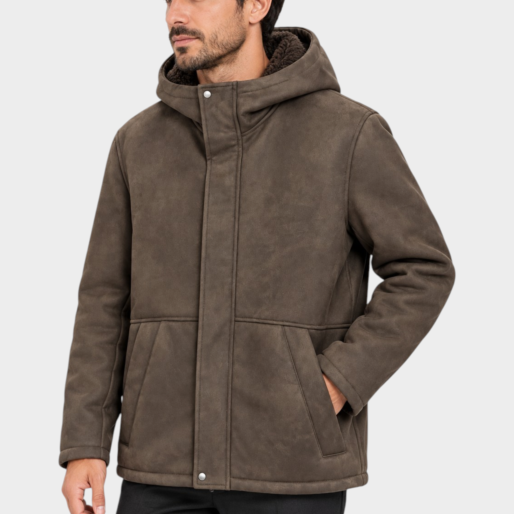 Giubbino bomber in montone marrone con cappuccio di Follower SRL indossato da un modello su sfondo neutro