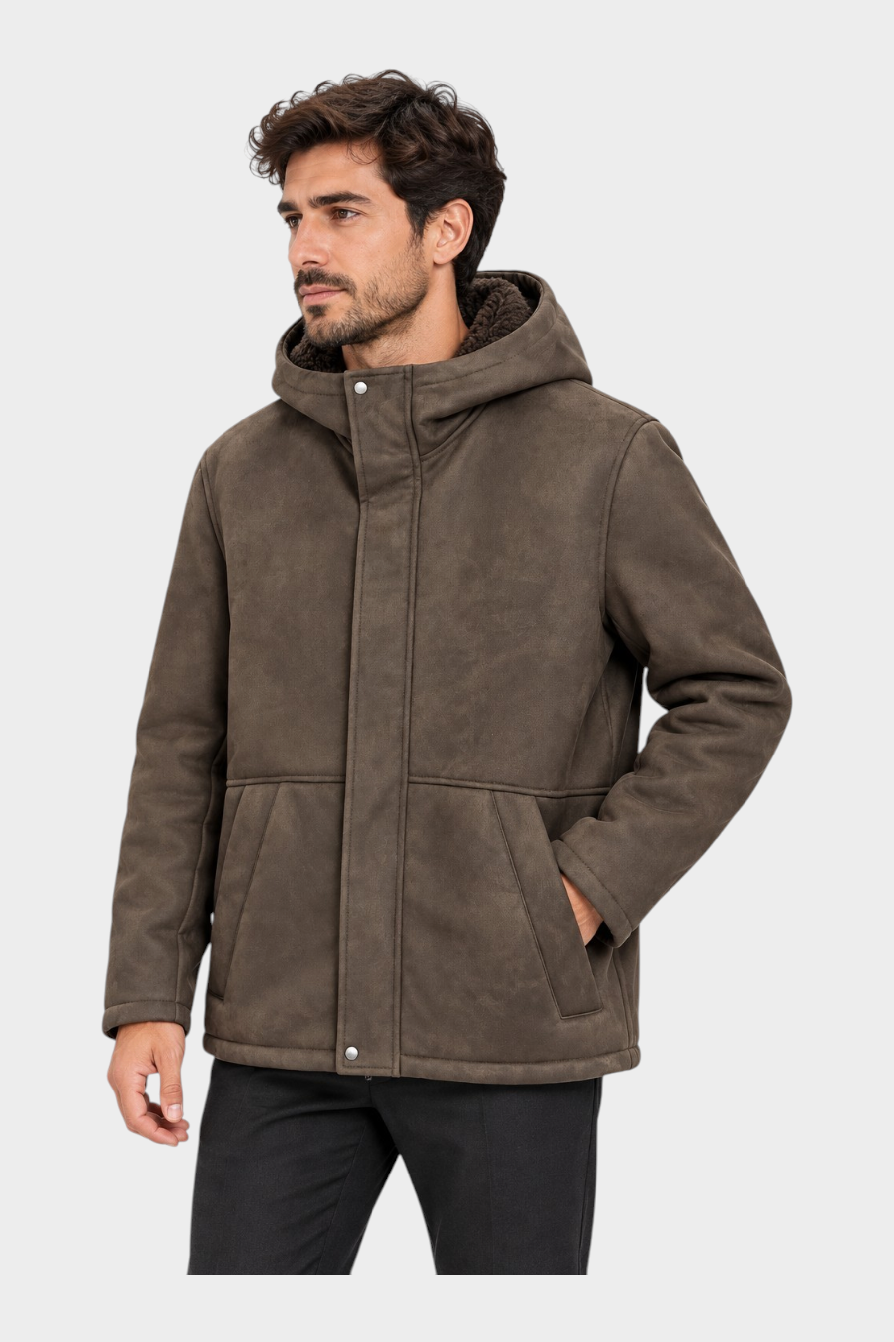 Giubbino bomber in montone marrone con cappuccio di Follower SRL indossato da un modello su sfondo neutro