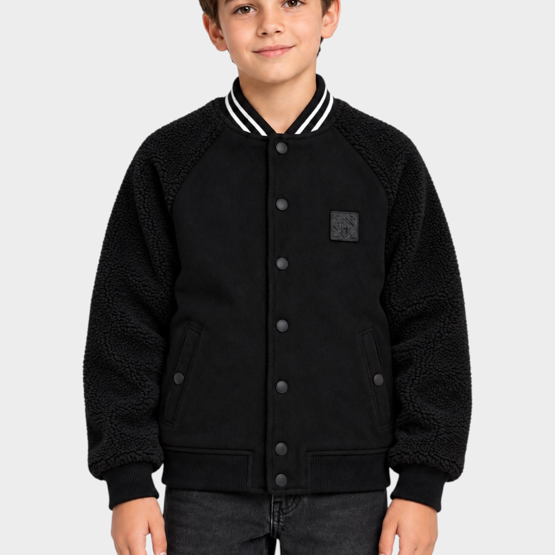 Giubbino bomber nero Follower SRL per bambino con maniche in tessuto teddy e chiusura a bottoni