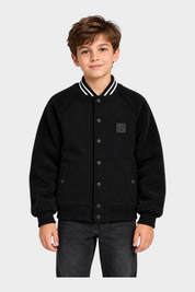 Giubbino bomber nero Follower SRL per bambino con maniche in tessuto teddy e chiusura a bottoni