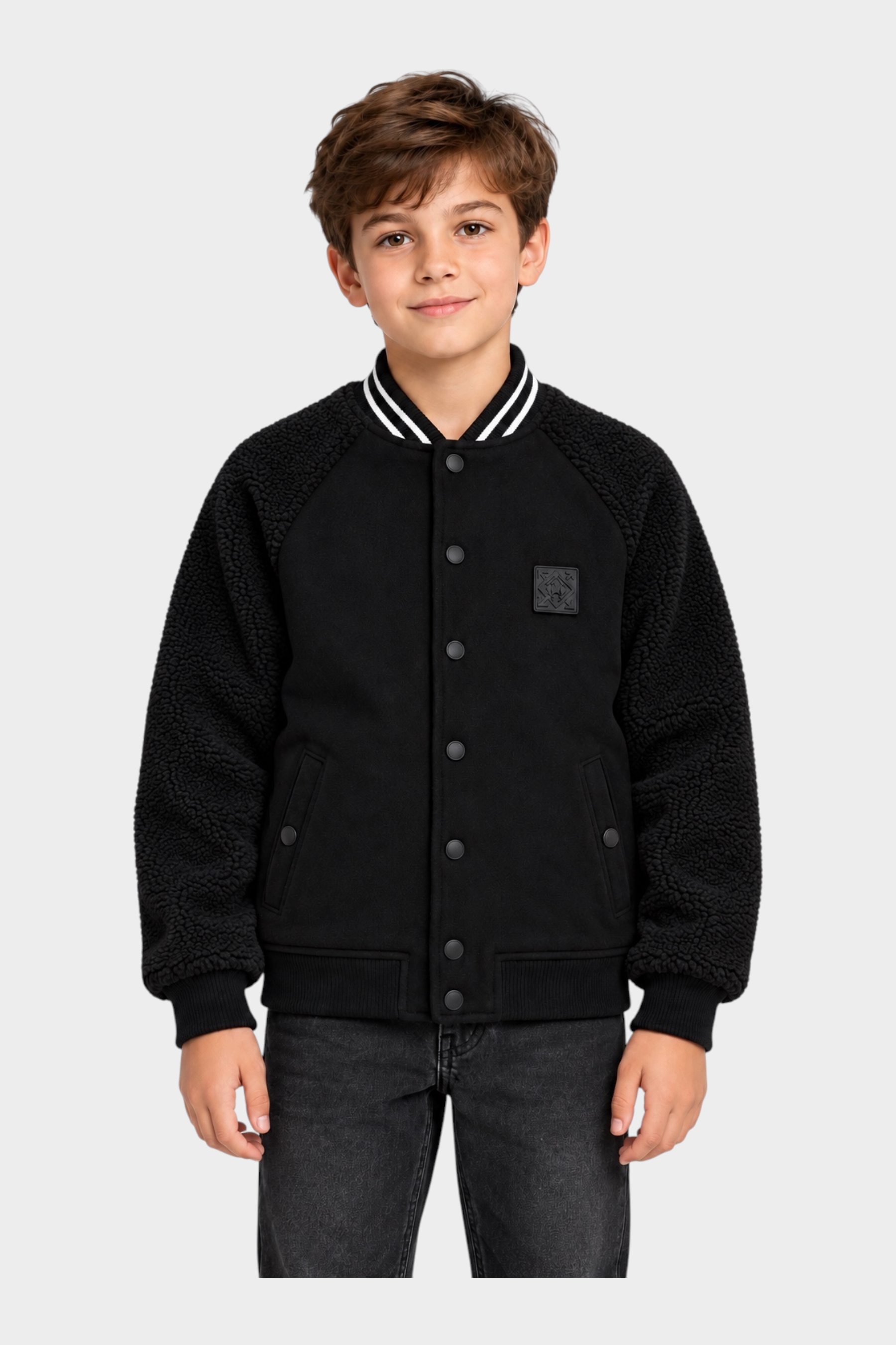 Giubbino bomber nero Follower SRL per bambino con maniche in tessuto teddy e chiusura a bottoni