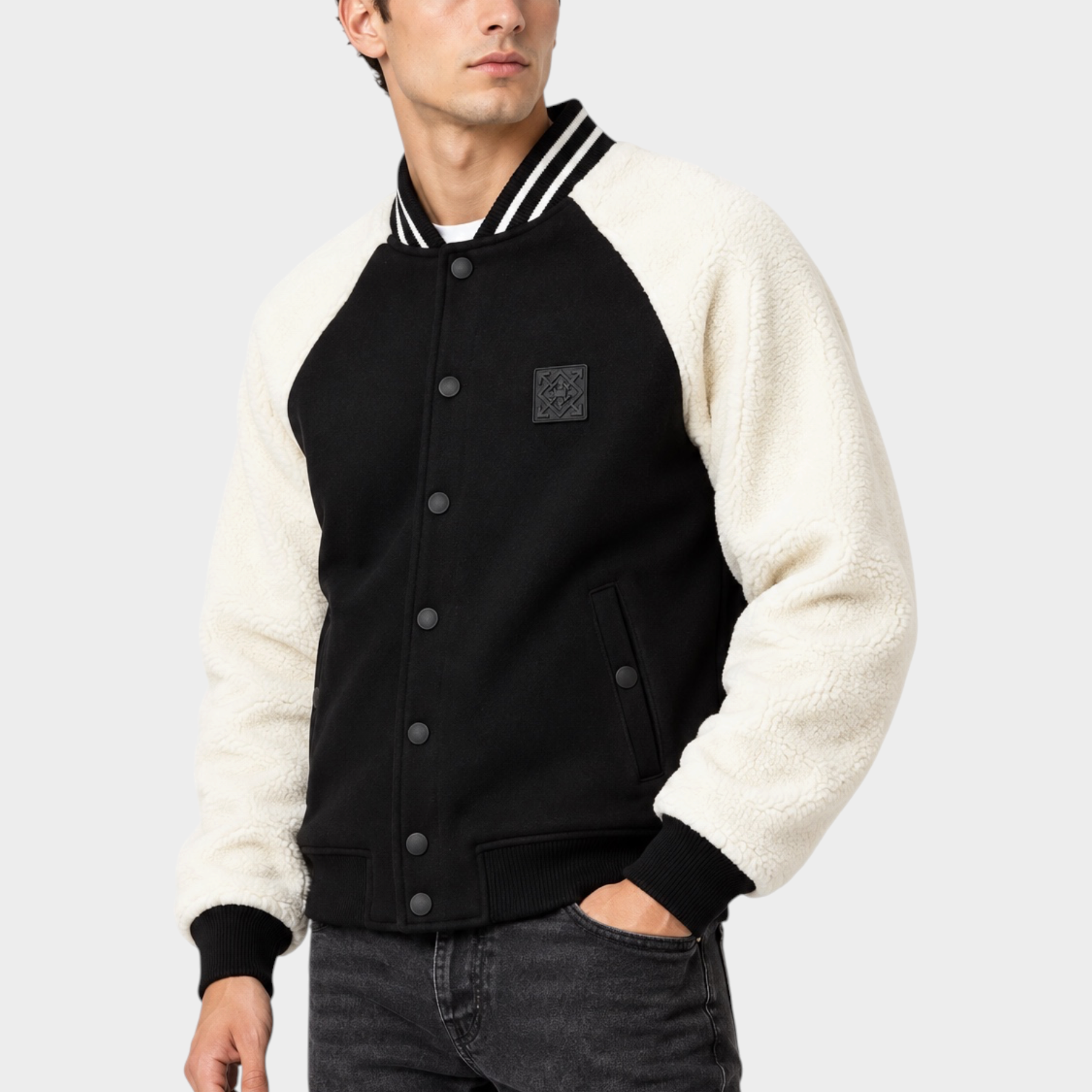 Giubbino bomber Follower SRL nero e bianco con maniche in tessuto teddy e chiusura a bottoni