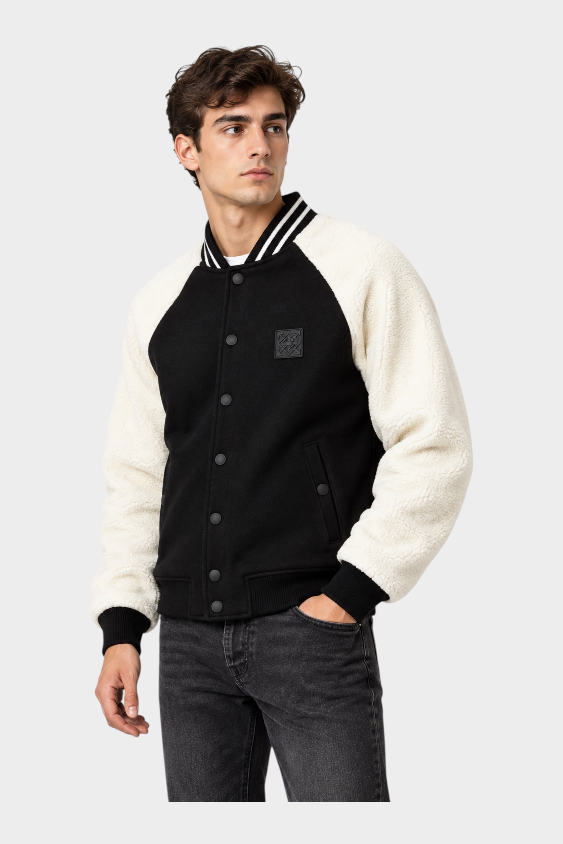 Giubbino bomber Follower SRL nero e bianco con maniche in tessuto teddy e chiusura a bottoni