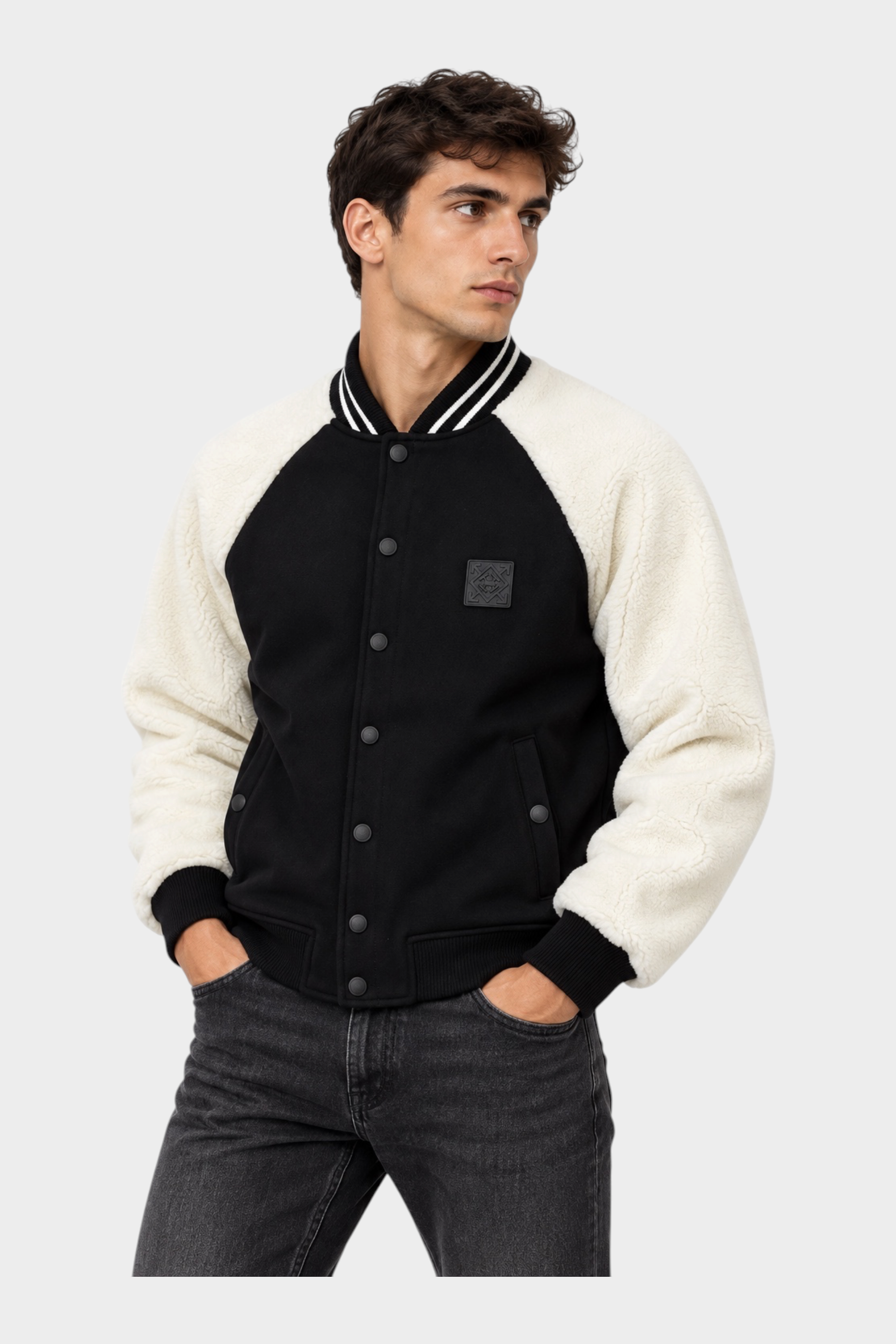 Giubbino bomber Follower SRL nero con maniche in sherpa bianco e chiusura a bottoni automatici