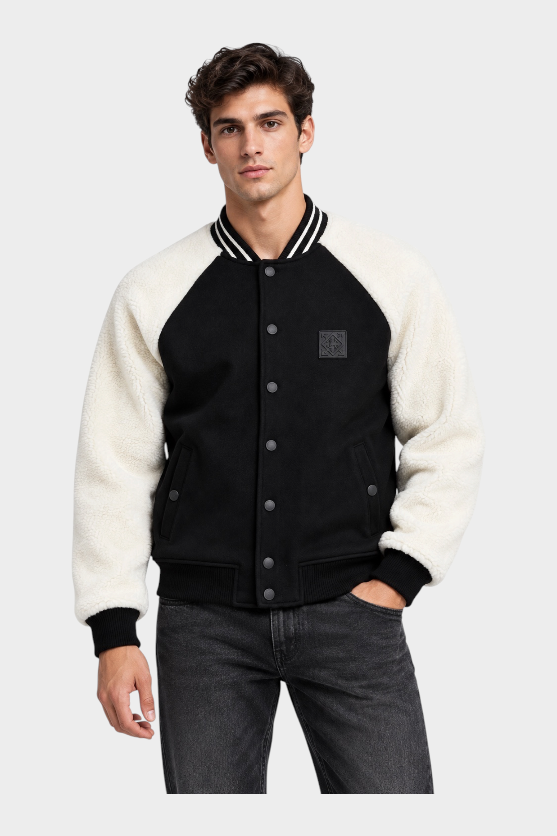 Giubbino bomber Follower SRL nero con maniche in sherpa bianco, chiusura a bottoni e colletto a righe