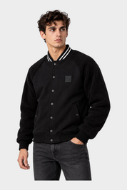 Giubbino bomber nero Follower SRL con maniche in tessuto teddy, colletto a righe e chiusura frontale con bottoni