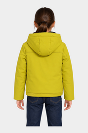 Vista posteriore del giubbino unisex giallo Austin di Follower SRL con cappuccio e chiusura a zip