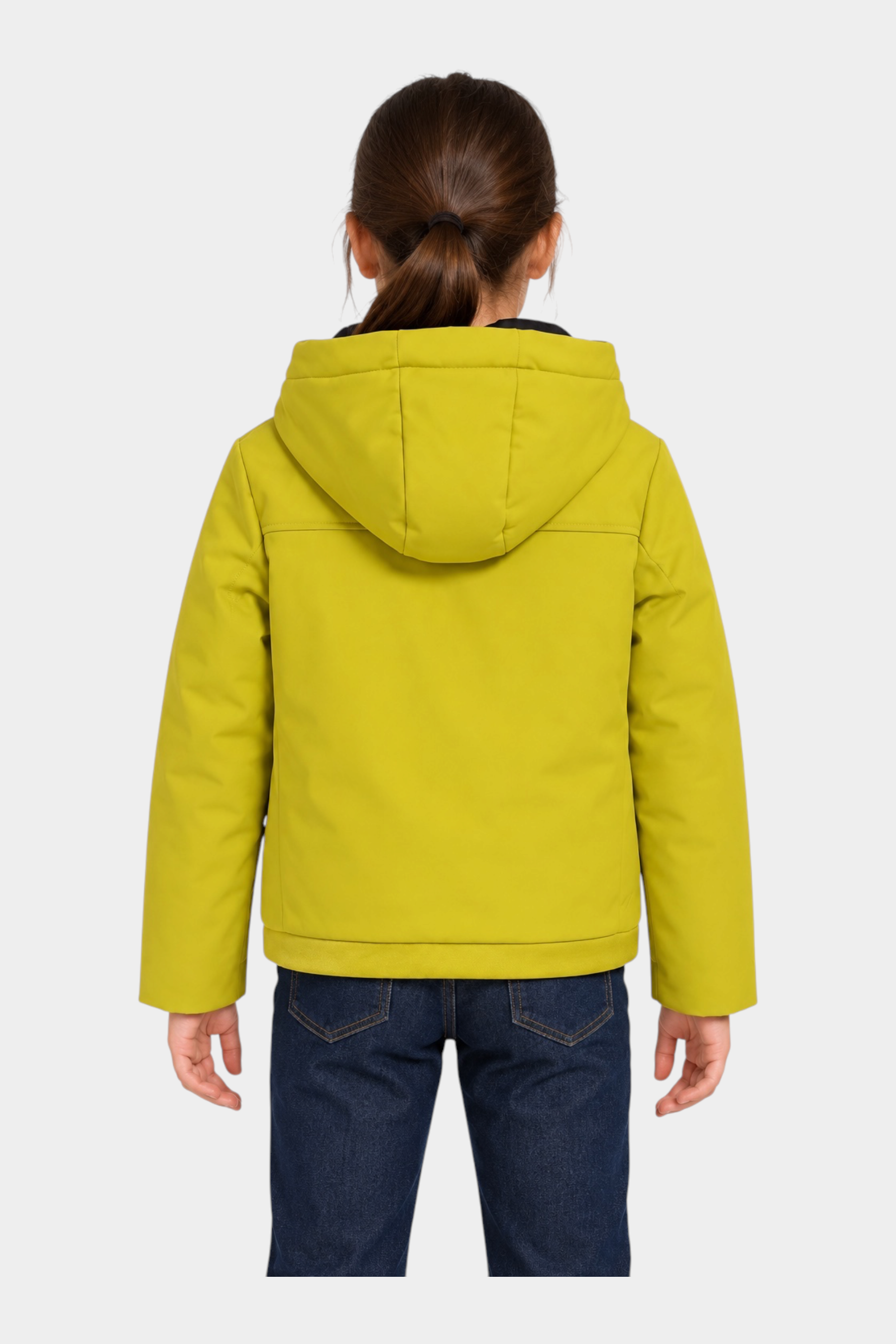 Vista posteriore del giubbino unisex giallo Austin di Follower SRL con cappuccio e chiusura a zip
