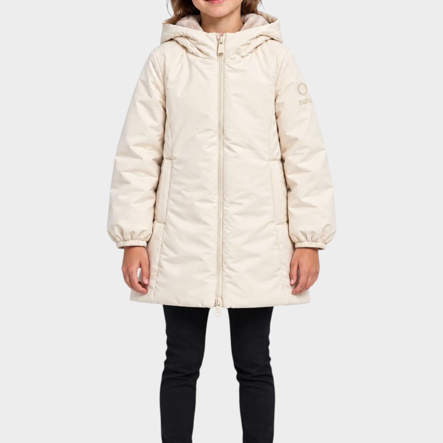 Bambina indossa giubbino lungo avorio SUNS BOARDS con cappuccio, proposto da Follower SRL