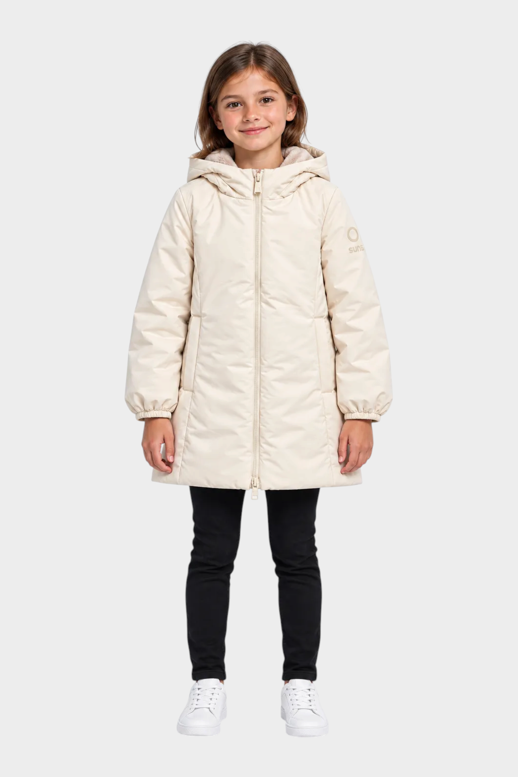 Bambina indossa giubbino lungo avorio SUNS BOARDS con cappuccio, proposto da Follower SRL