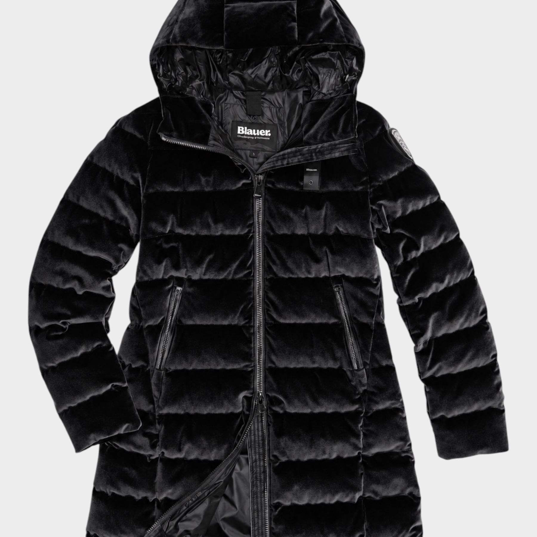 Giubbino lungo trapuntato in velluto nero lucido con cappuccio e zip, collezione Follower SRL Blauer