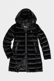 Giubbino lungo trapuntato in velluto nero lucido con cappuccio e zip, collezione Follower SRL Blauer