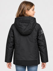 Bambina indossa giubbino nero SUNS BOARDS con cappuccio, vista posteriore, brand Follower SRL