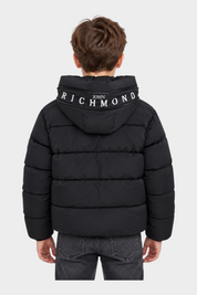Giubbino imbottito nero Follower SRL con cappuccio e logo John Richmond a contrasto sulla parte posteriore