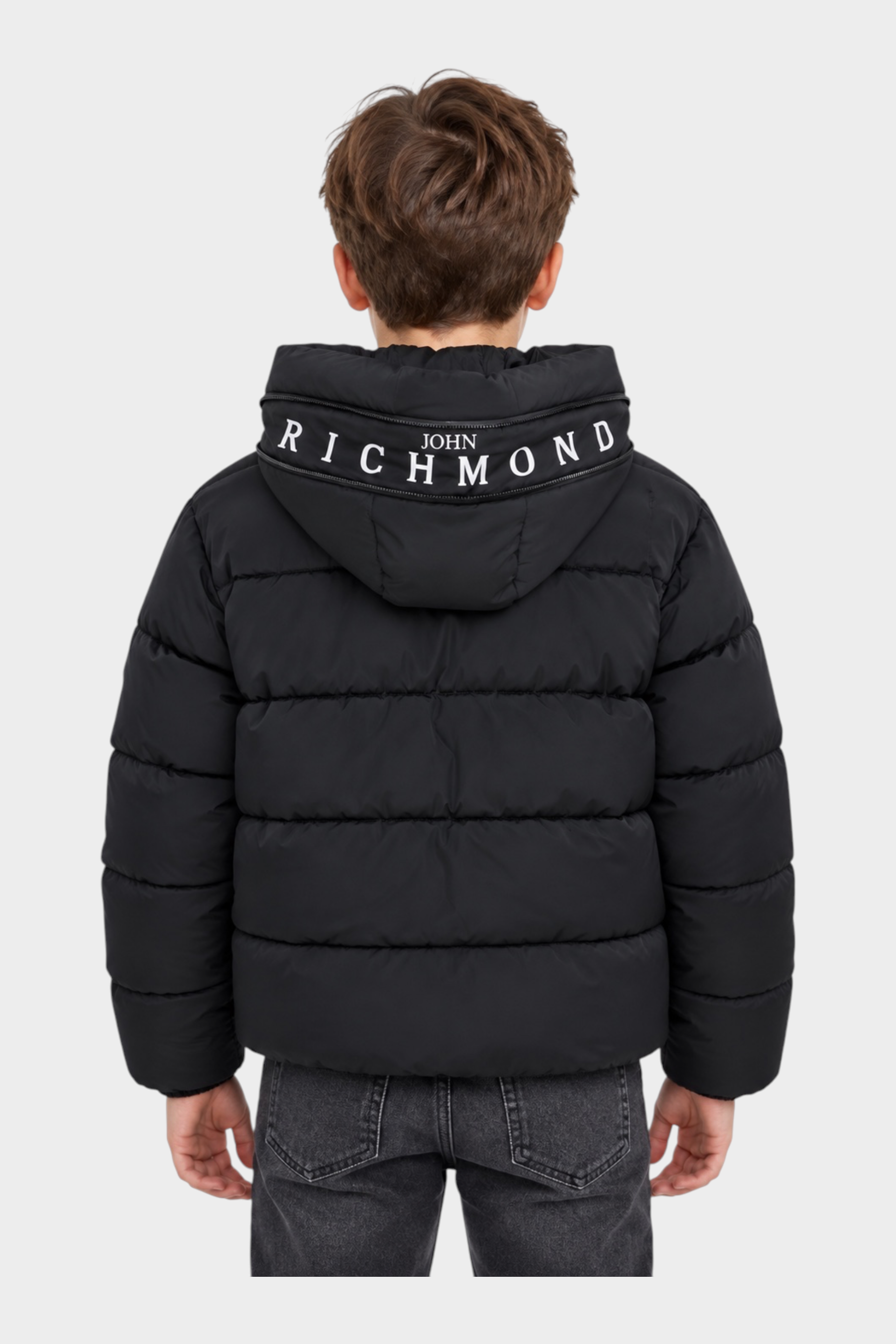 Giubbino imbottito nero Follower SRL con cappuccio e logo John Richmond a contrasto sulla parte posteriore