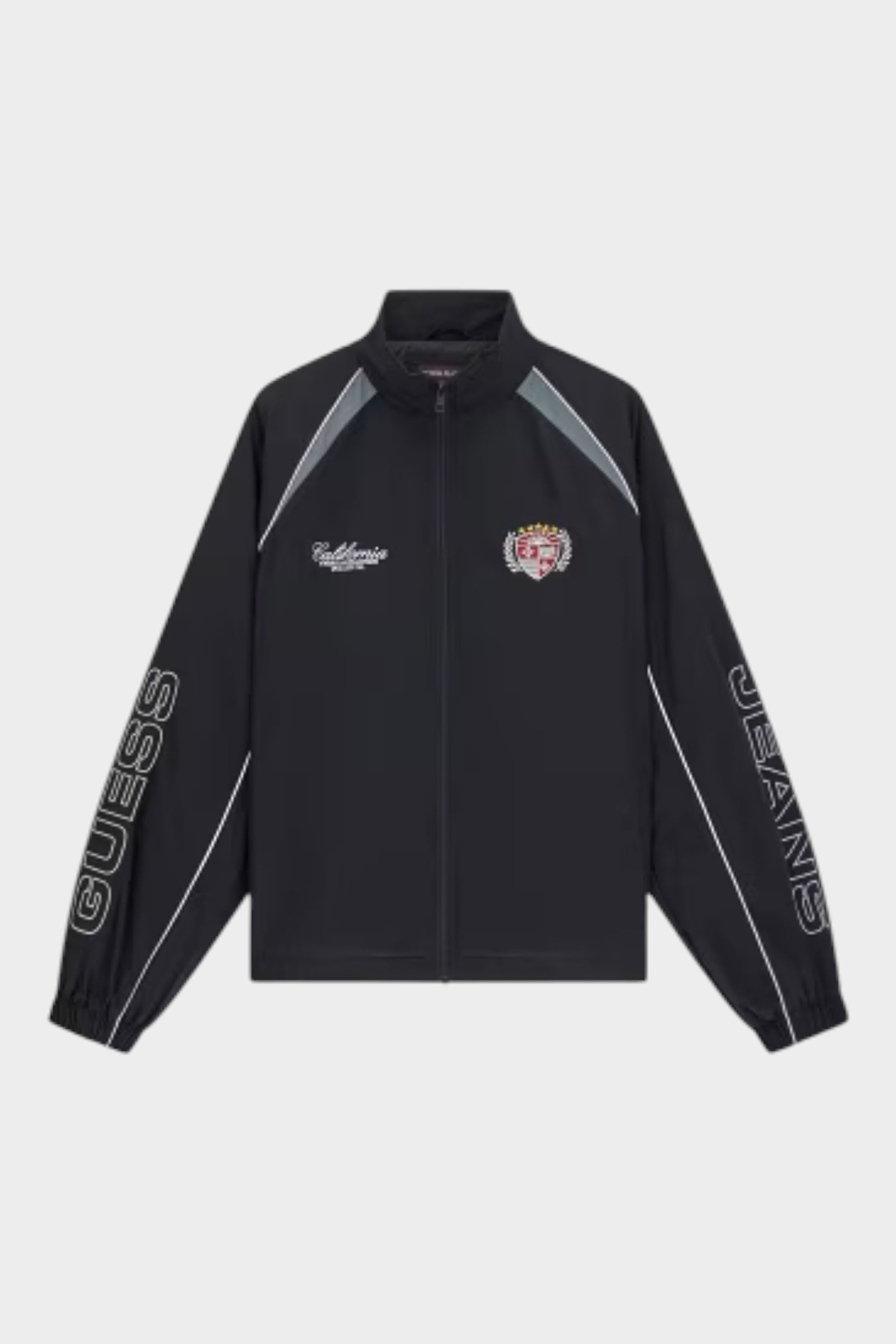 Giubbino in nylon nero Follower SRL GUESS Limited Edition con logo California e scritte sulle maniche