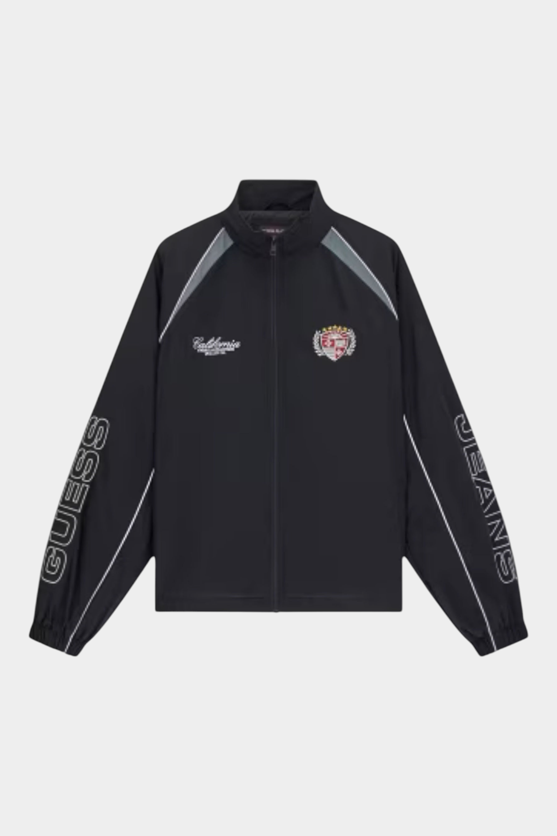 Giubbino in nylon nero Follower SRL GUESS Limited Edition con logo California e scritte sulle maniche