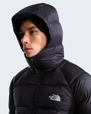 Modello indossa giubbino nero con cappuccio in piumino Hydrenalite di Follower SRL con logo The North Face
