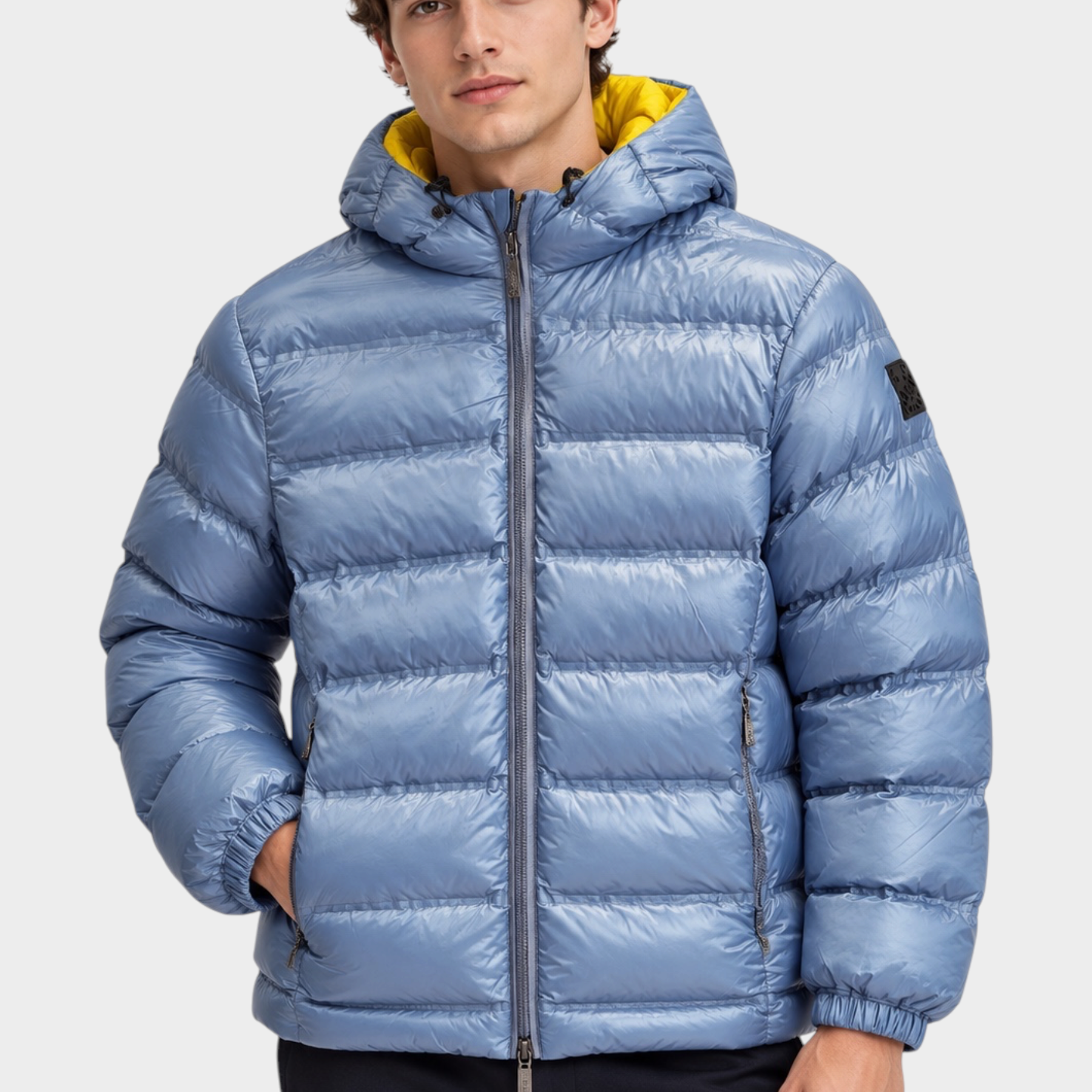 Giubbino reversibile unisex Follower SRL azzurro con cappuccio giallo e imbottitura trapuntata
