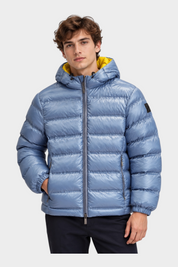Giubbino reversibile unisex Follower SRL azzurro con cappuccio giallo e imbottitura trapuntata