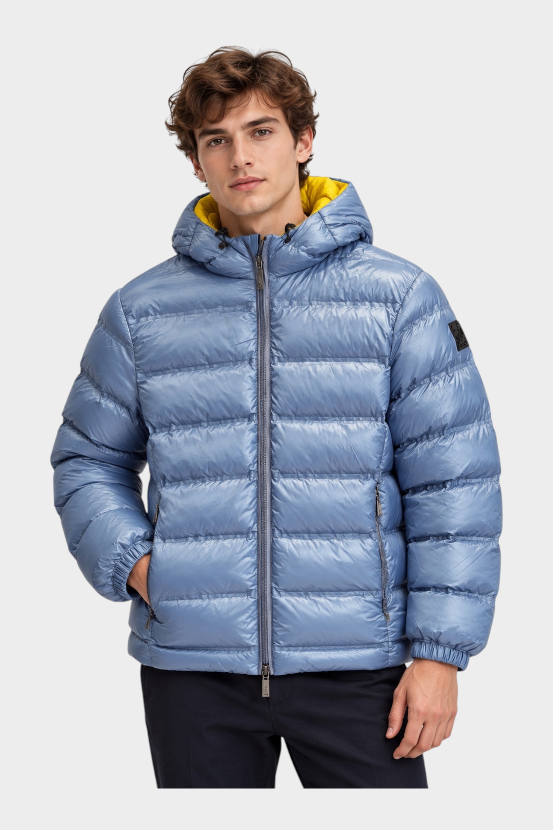 Giubbino reversibile unisex Follower SRL azzurro con cappuccio giallo e imbottitura trapuntata