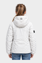 Vista posteriore del giubbino reversibile Follower SRL bianco con cappuccio e dettaglio QR code stampato
