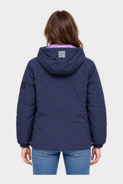 Giubbino reversibile Follower SRL blu con cappuccio, interno viola e logo sulla manica, vista posteriore